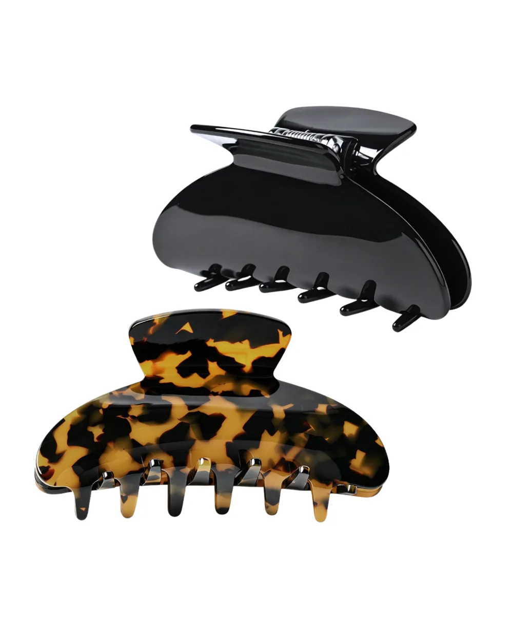 Set of tortoise shell celluloid claw clips and barrettes on a neutral background
